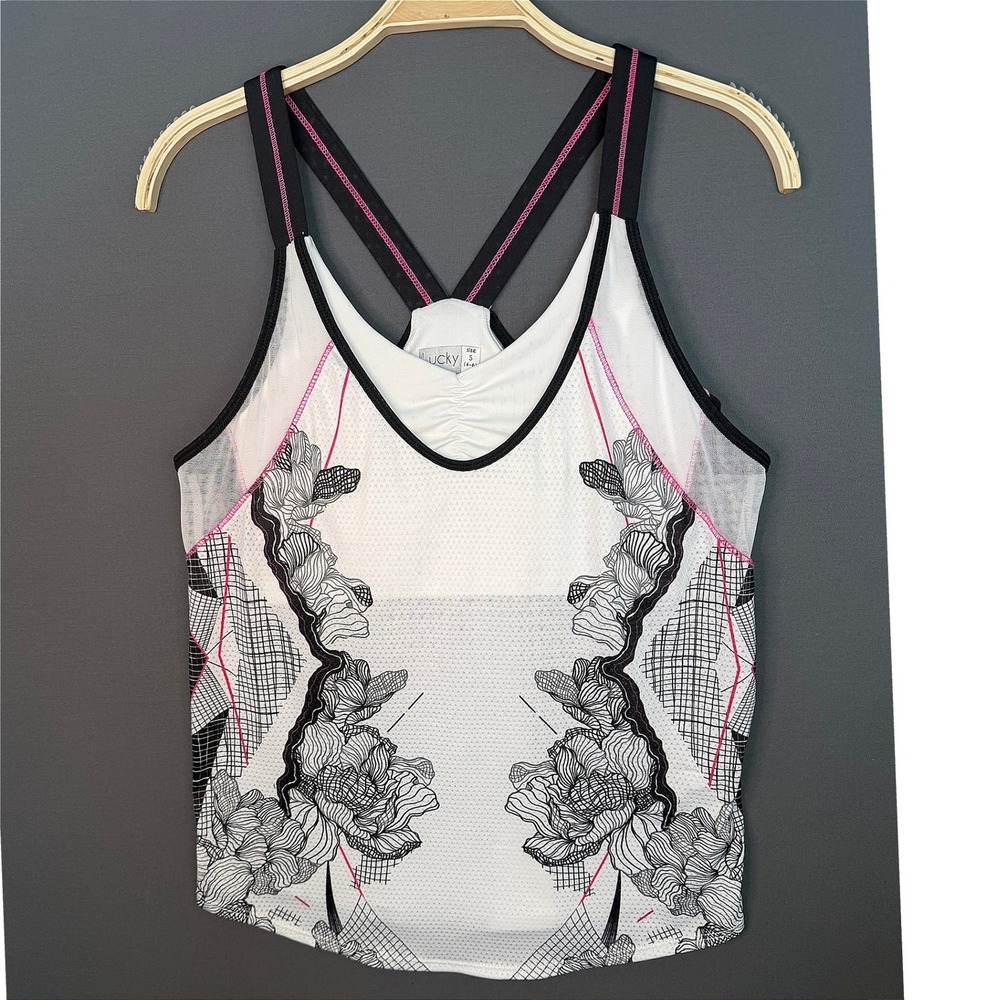 Lucky in Love White Black Pink Floral Accents Strappy Racerback Tennis Tank S